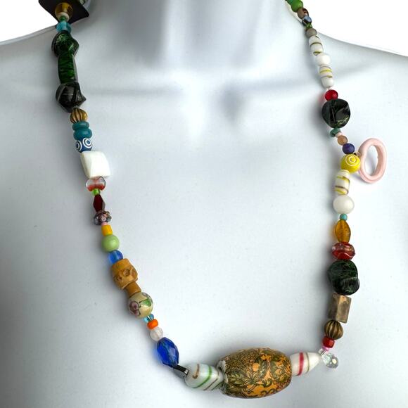 Eclectic Artisan Beaded Necklace Mixed Media Glass Wood Ceramic Funky Boho - Picture 12 of 13